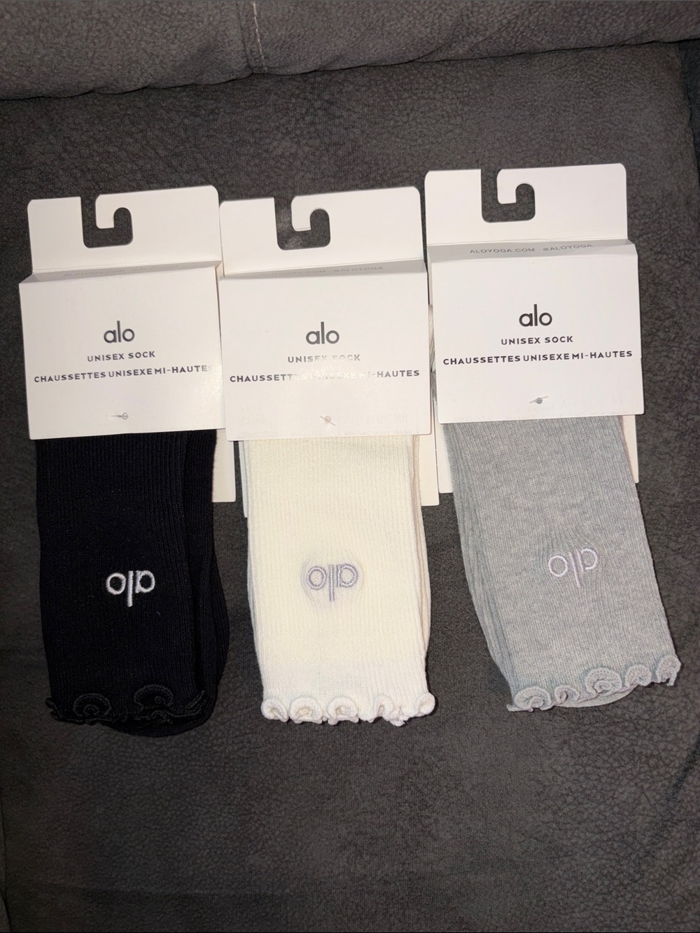 ALO Yoga Unisex Ribbed Socks in Black, Cream & Gray (3-Pack)